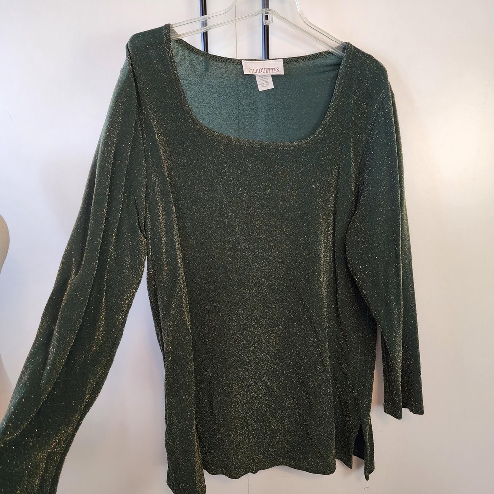 Silhouettes Vintage 90s Olive Green Gold Metallic Shimmer‎ Square Neck Top XL